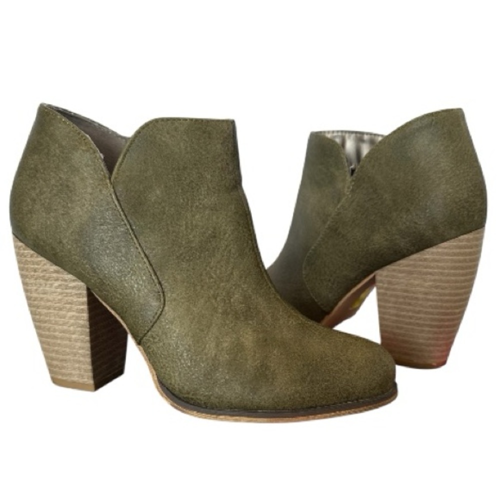 Michael Antonio Boho Moss Green Side Zip Chunky Block Heel Ankle Booties 6.5